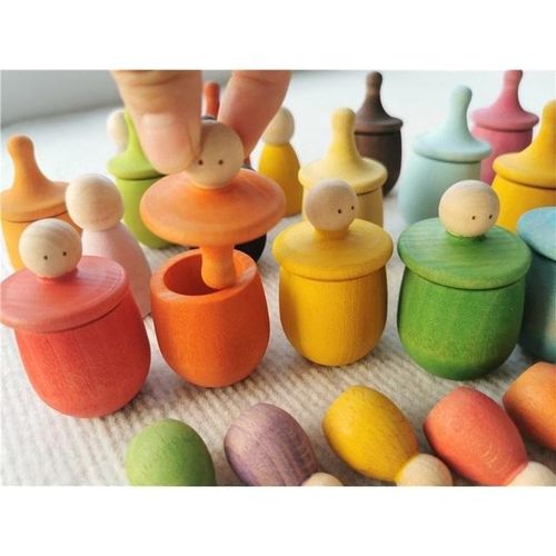 Rainbow Beech Little Thing Toys Handmade Wooden Cup Figure Gyro Game Color Sorting Peg Dolls for Kids