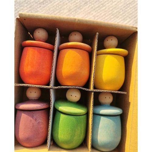 Rainbow Beech Little Thing Toys Handmade Wooden Cup Figure Gyro Game Color Sorting Peg Dolls for Kids
