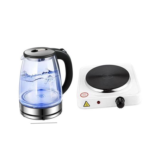 Hoffmans 2L Glass Electric Kettle With LED Blue Light Plus A Single Solid Electric Hotplate 1000W- Silver , Black