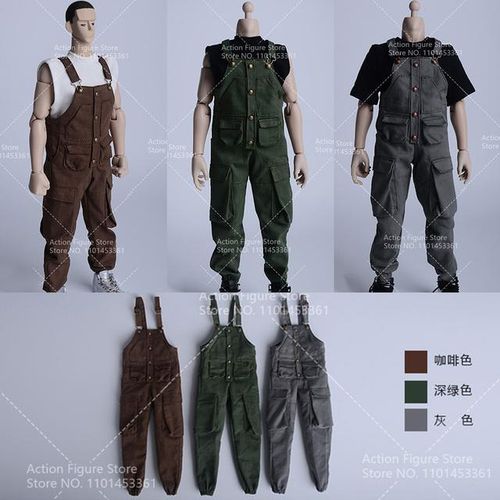 1/6 Male Loose Vest Bib Overalls Vintage Jumpsuit Cargo Pants Straight Suspender Trousers Fit 12