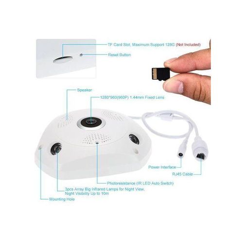 960P HD 360 Degree Wireless Wifi VR IP Camera Full View 1.44MM Lens Fish Eye Panoramic Indoor Security CCTV Camera Support Phone APP Remote Control (White) WANKAI