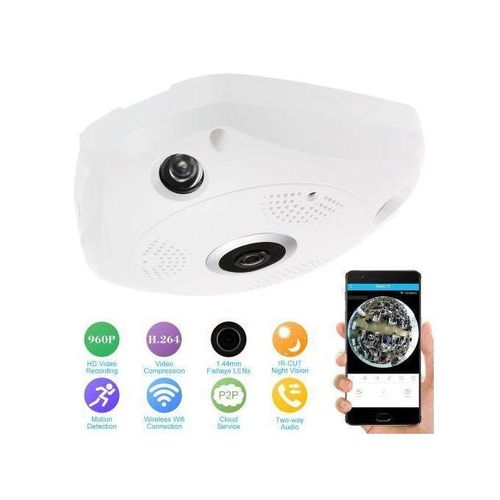960P HD 360 Degree Wireless Wifi VR IP Camera Full View 1.44MM Lens Fish Eye Panoramic Indoor Security CCTV Camera Support Phone APP Remote Control (White) WANKAI