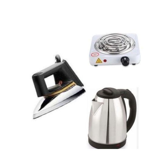 2L Electric Kettle, Sole Plate Flat Iron & Single Coil Hotplate - Silver & Black