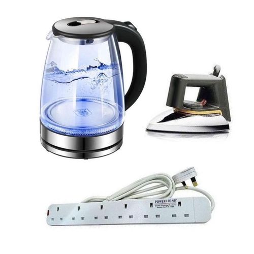 Original 2L Glass Electric Kettle With LED Blue Light Plus A 6way Heavy Duty And Durable Extension Cable And A Flat Iron With Non Stick Coating Soleplate  - Silver , Black