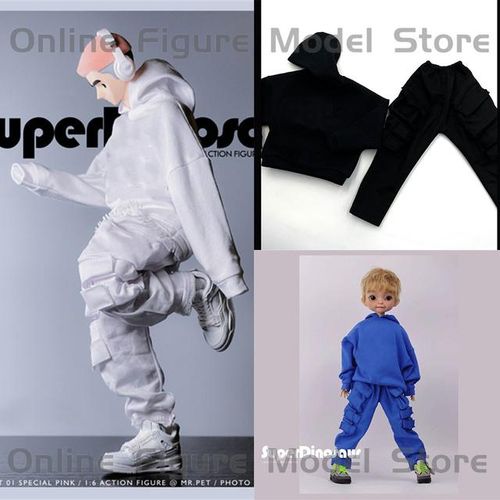 1/6 Male Fashion Street Style Loose Fitting Pullover Hooded Sweater Cargo Pants Multiple Pockets Fit 12'' Action Figure