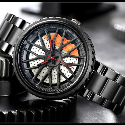 Men's Quartz Watch Wheel Rim Hub Waterproof Wristwatch With Stainless Steel Strap Skeleton Japan Movement