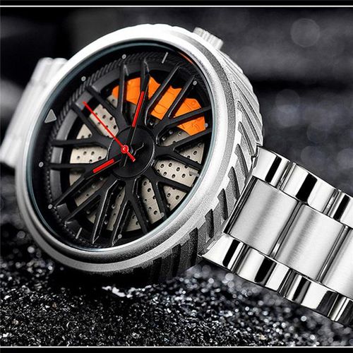 Men's Quartz Watch Wheel Rim Hub Waterproof Wristwatch With Stainless Steel Strap Skeleton Japan Movement