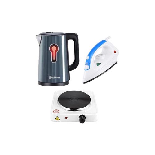 Hoffmans Pack Of Original 2.5Ltrs Electric Tea Kettle For Boiling Water Stainless Steel Double Wall Hot Water Boiler with Automatic Shut Off & Boil-Dry Protection Plus A Steam & Dry Flat Iron And A Single Solid Electric Hotplate 1000W - Multicolor