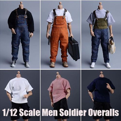 1/12 Men Bib Pants Solid Color Casual Jumpsuits Streetwear Jeans Suspenders Cargo Overalls Shirt For 6'' Acrion Figure
