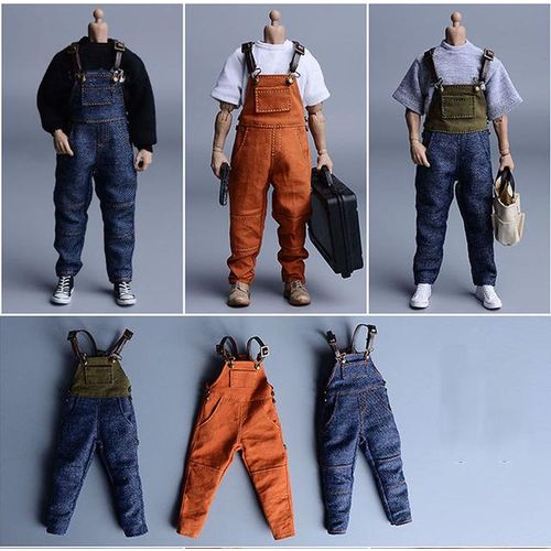 1/12 Men Bib Pants Solid Color Casual Jumpsuits Streetwear Jeans Suspenders Cargo Overalls Shirt For 6'' Acrion Figure