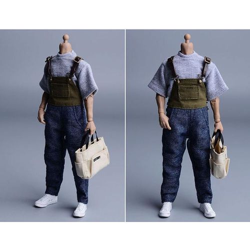 1/12 Men Bib Pants Solid Color Casual Jumpsuits Streetwear Jeans Suspenders Cargo Overalls Shirt For 6'' Acrion Figure