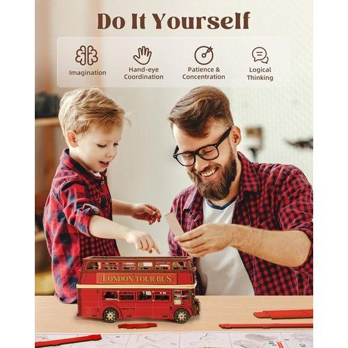 rolife London Tour Bus 3D Wooden Puzzles Wood Model Toy Car to Build Crafts Collectibles Gifts for Boys Girls