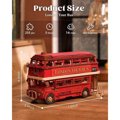 rolife London Tour Bus 3D Wooden Puzzles Wood Model Toy Car to Build Crafts Collectibles Gifts for Boys Girls