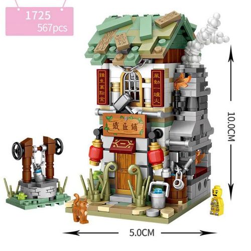 Creative Chinatown Mini Block City Street View Blacksmith Steamed Bun Shop Pawnshop Pub Architecture Building Bricks Toys