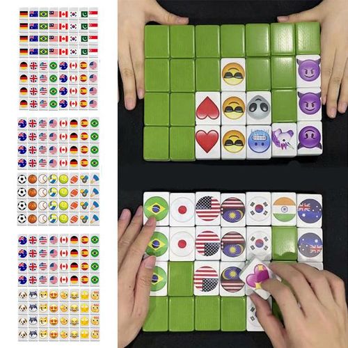 64 Pcs Mahjong Tiktok Seaside Escape 64+1 Blocks Mahjong Tile Game with Pattern of Flag 1/2 Players Parent Child Party Game