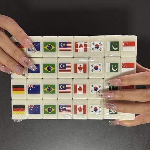 64 Pcs Mahjong Tiktok Seaside Escape 64+1 Blocks Mahjong Tile Game with Pattern of Flag 1/2 Players Parent Child Party Game