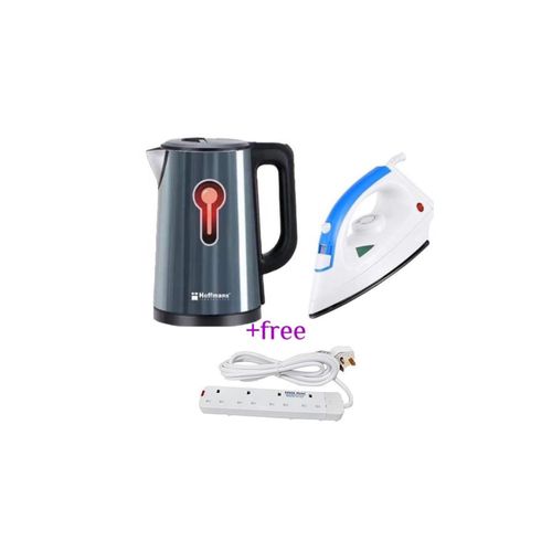 Hoffmans Pack Of Original 2.5Ltrs Electric Tea Kettle For Boiling Water Stainless Steel Double Wall Hot Water Boiler with Automatic Shut Off & Boil-Dry Protection Plus A Steam & Dry Flat Iron And A FREE Generic Power King 4 Way Extension Cable - Multicolo
