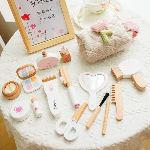 Wooden Simulation Hair Cutting Set For Children Boys And Girls Family Toys Makeup Box Dressing Table Puzzle Toys Christmas