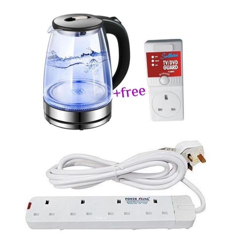 Pack Of Original 2L Glass Electric Kettle With LED Blue Light With A 4Way Power Extension Plus A Free TV Guard- Silver , Black