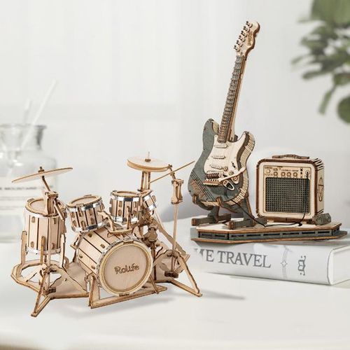 DIY 3D Musical Instrument Wooden Puzzle Drum Kit Electric Guitar Violin Creative Toys Building Block Model for Kids