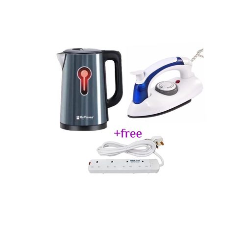 Hoffmans Pack Of Original 2.5Ltrs Electric Tea Kettle For Boiling Water Stainless Steel Double Wall Hot Water Boiler with Automatic Shut Off & Boil-Dry Protection Plus A Mini Foldable Travel Steam Flat Iron Box And A FREE Generic 4 Way Extension Cable - M