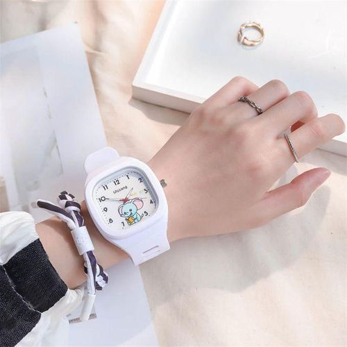 Cute Adorable Elephant Pattern Kids Square Dial Watch White