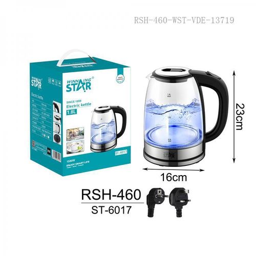 Winningstar 1.8L SS201 High Borosilicate Glass Electric Kettle with 0.4cm Heating Plate Boil/Dry Auto Power Off Protection 75cm Copper Charging Wire VDE Plug- Clear
