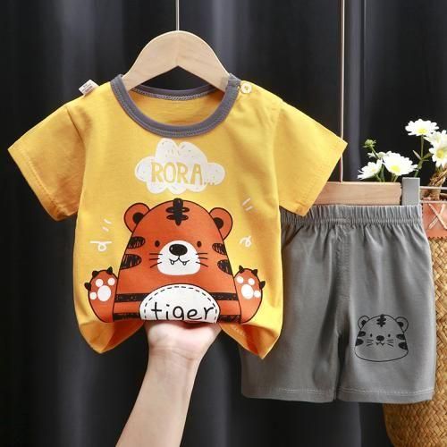 Boys Girls Baby Clothes Kids Short Sleeve Pants Set - Tiger Pattern