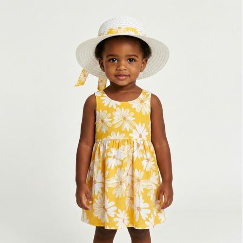 Baby Girl Dress Sleeveless Floral Print Large Hem Bowknot Cotton Dress With Sunhat For Summer-Multicolor