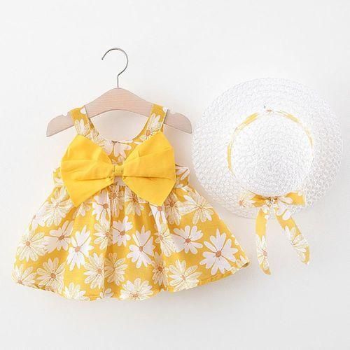 Baby Girl Dress Sleeveless Floral Print Large Hem Bowknot Cotton Dress With Sunhat For Summer-Multicolor