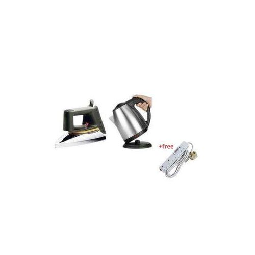 Original Flat Iron & 2L Electric Kettle Percolator Plus A Free 4 Way Extension- Silver, Black