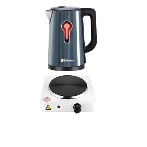 Hoffmans Pack Of Original 2.5Ltrs Electric Tea Kettle For Boiling Water Stainless Steel Double Wall Hot Water Boiler with Automatic Shut Off & Boil-Dry Protection Plus A Single Solid Electric Hotplate 1000W - Multicolor