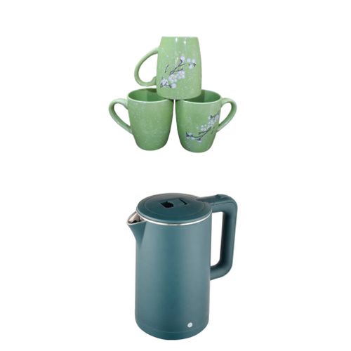 2L Cordless Kettle and 3 Ceramic Cups- Green/White