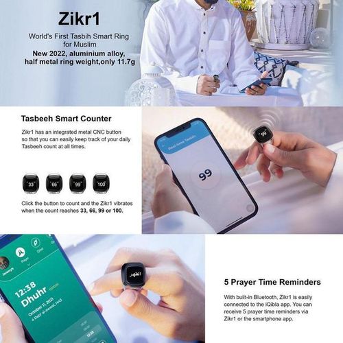 Iqibla Smart Tasbih Rechargeable Tally Counter For Muslims Zikr Digital Tasbeeh 5 Prayer Time Reminder Waterproof Ring