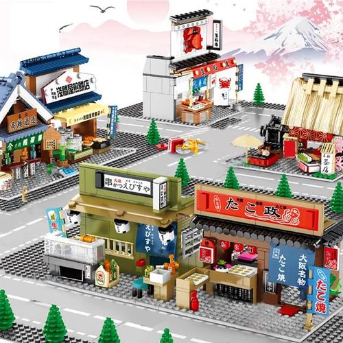 Japan City Street View Build Block Japanese Distillery Crab Meat Barbecue Pancake Shop Teahouse Octopus Store Bricks Toy