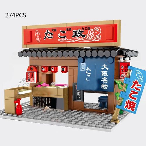 Japan City Street View Build Block Japanese Distillery Crab Meat Barbecue Pancake Shop Teahouse Octopus Store Bricks Toy