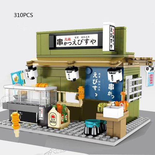 Japan City Street View Build Block Japanese Distillery Crab Meat Barbecue Pancake Shop Teahouse Octopus Store Bricks Toy