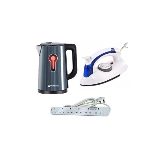 Hoffmans Pack Of Original 2.5Ltrs Electric Tea Kettle For Boiling Water Stainless Steel Double Wall Hot Water Boiler with Automatic Shut Off & Boil-Dry Protection Plus A Mini Foldable Travel Steam Flat Iron Box And A 6 Way Power Extension Cable- Multicolo