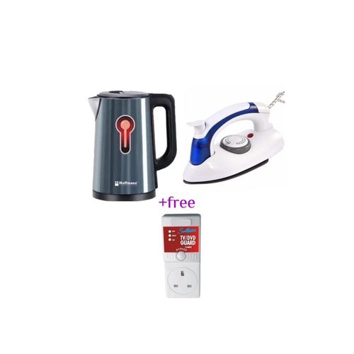 Hoffmans Pack Of Original 2.5Ltrs Electric Tea Kettle For Boiling Water Double Wall Hot Water Boiler with Automatic Shut Off & Boil-Dry Protection Plus A Mini Foldable Travel Steam Flat Iron Box And A FREE 13A Voltage Protection TV Guard Adaptor- Multicol