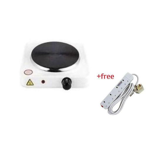 Original Single Solid Electric Hotplate 1000W Plus A Free 4 Way Extension- Black & White