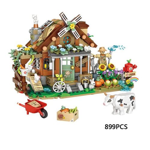 Creative City Street View House Mini Block Farm Hut Windmill Streetscape Assemble Model Build Brick Farmer Figures Toy For
