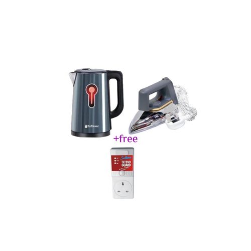 Hoffmans Pack Of Original 2.5Ltrs Electric Tea Kettle For Boiling Water Double Wall Hot Water Boiler with Automatic Shut Off & Boil-Dry Protection Plus A  Flat Iron With Non Stick Coating Soleplate And A FREE  3A Voltage Protection TV Guard Adaptor - Mult