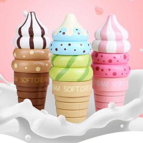 Set Wooden Ice Ice Toys Cones and Sundae Pretend Play Food Set Cut Food Magnetic Swappable Pieces for Ice Creams