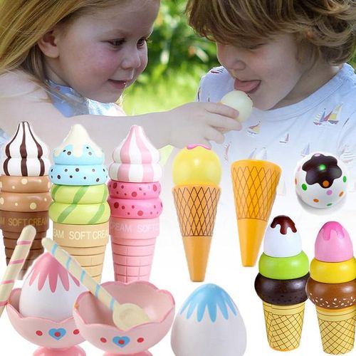 Set Wooden Ice Ice Toys Cones and Sundae Pretend Play Food Set Cut Food Magnetic Swappable Pieces for Ice Creams
