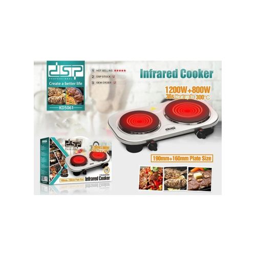 Dsp 200-800W Double Burner Electric Infrared Hot Plate Countertop Cooker Stainless Steel Panel Cooking Stove- Silver