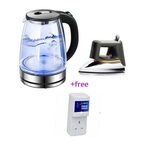 Pack Of Original 2L Glass Electric Kettle With LED Blue Light And A Flat Iron With Non Stick Coating Soleplate Plus A Free Fridge Guard Protection - Silver , Black