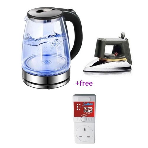 Pack Of Original 2L Glass Electric Kettle With LED Blue Light And A Flat Iron With Non Stick Coating Soleplate Plus A Free Linier Voltshield TV Guard- Silver , Black