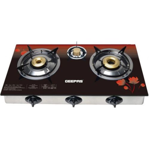 Geepas GGC31012 3-Burner Gas Cooker &ndash; Ergonomic Design, Glass Top, Automatic Ignition - Black