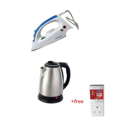Scarlet Scarlett Flat Iron & Electric Kettle Percolator 2 Liters Plus A Free TV Guard - Silver, White