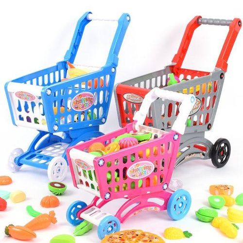 Pink Shopping Trolley Cart Supermarket Trolley Push Car Toys Basket Mini Simulation Fruit Food Pretend Play Toy for Children